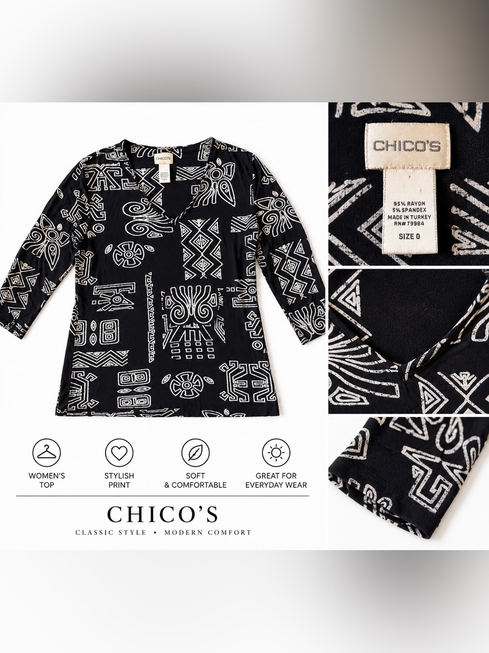 Chico's Women's Black & White Geo Print Tunic Top